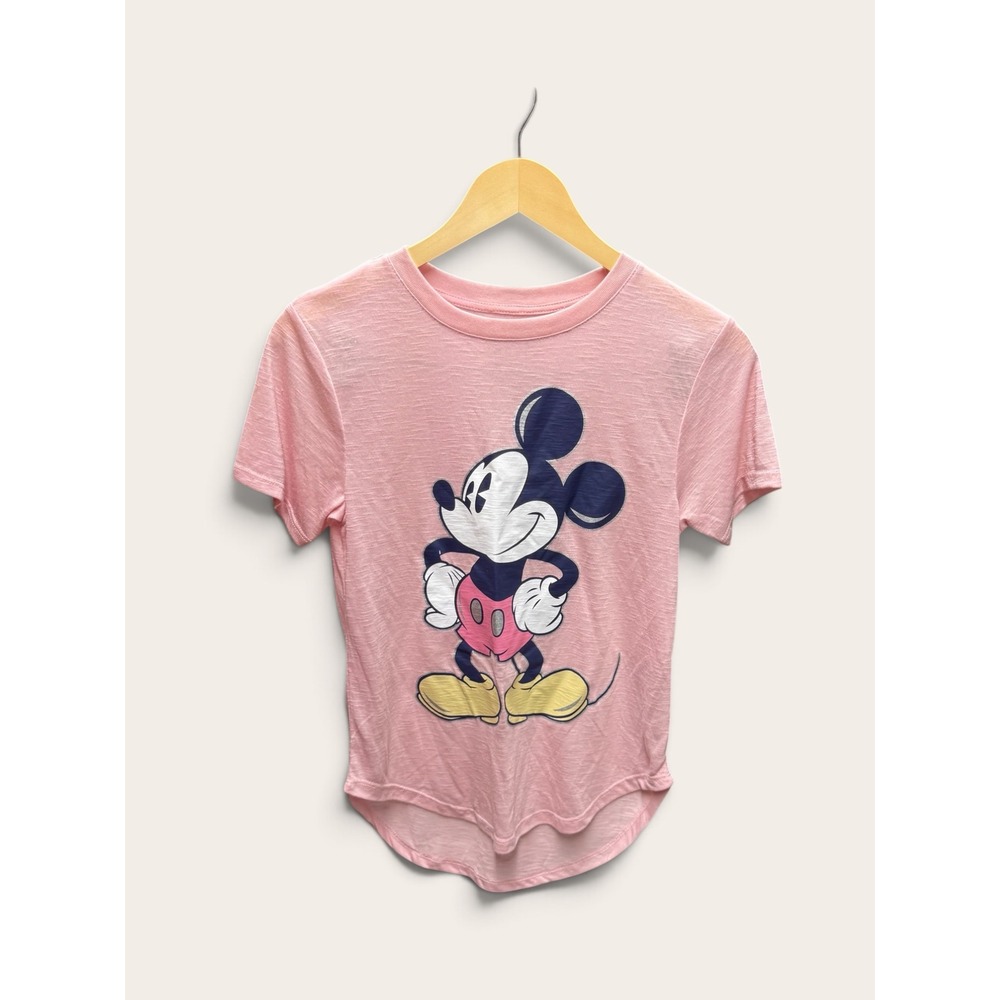Disney Mickey Mouse Pink Slub Knit Graphic T-Shirt Short Sleeve Curved Hem Small